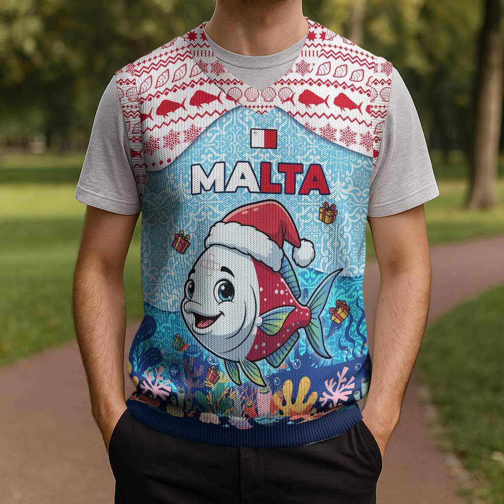 Malta Christmas Knitted V-Neck Vest with Santa Fish Malta Flag Coral Reef and Red Blue Festive Pattern Design - Wonder Print Shop