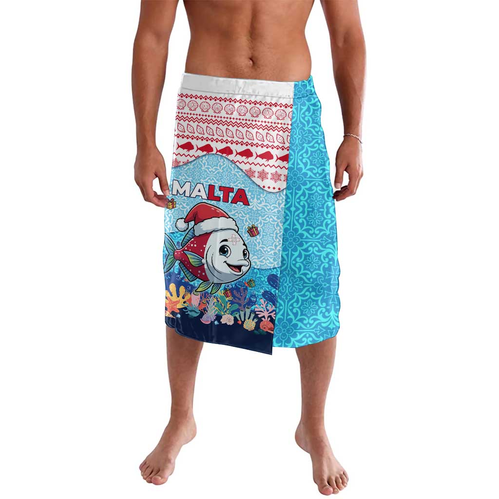 Malta Christmas Lavalava with Santa Fish Malta Flag Coral Reef and Red Blue Festive Pattern Design - Wonder Print Shop