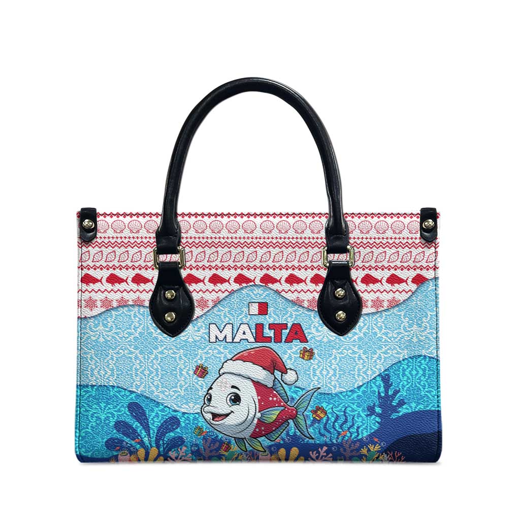 Malta Christmas Leather Bag with Santa Fish Malta Flag Coral Reef and Red Blue Festive Pattern Design - Wonder Print Shop