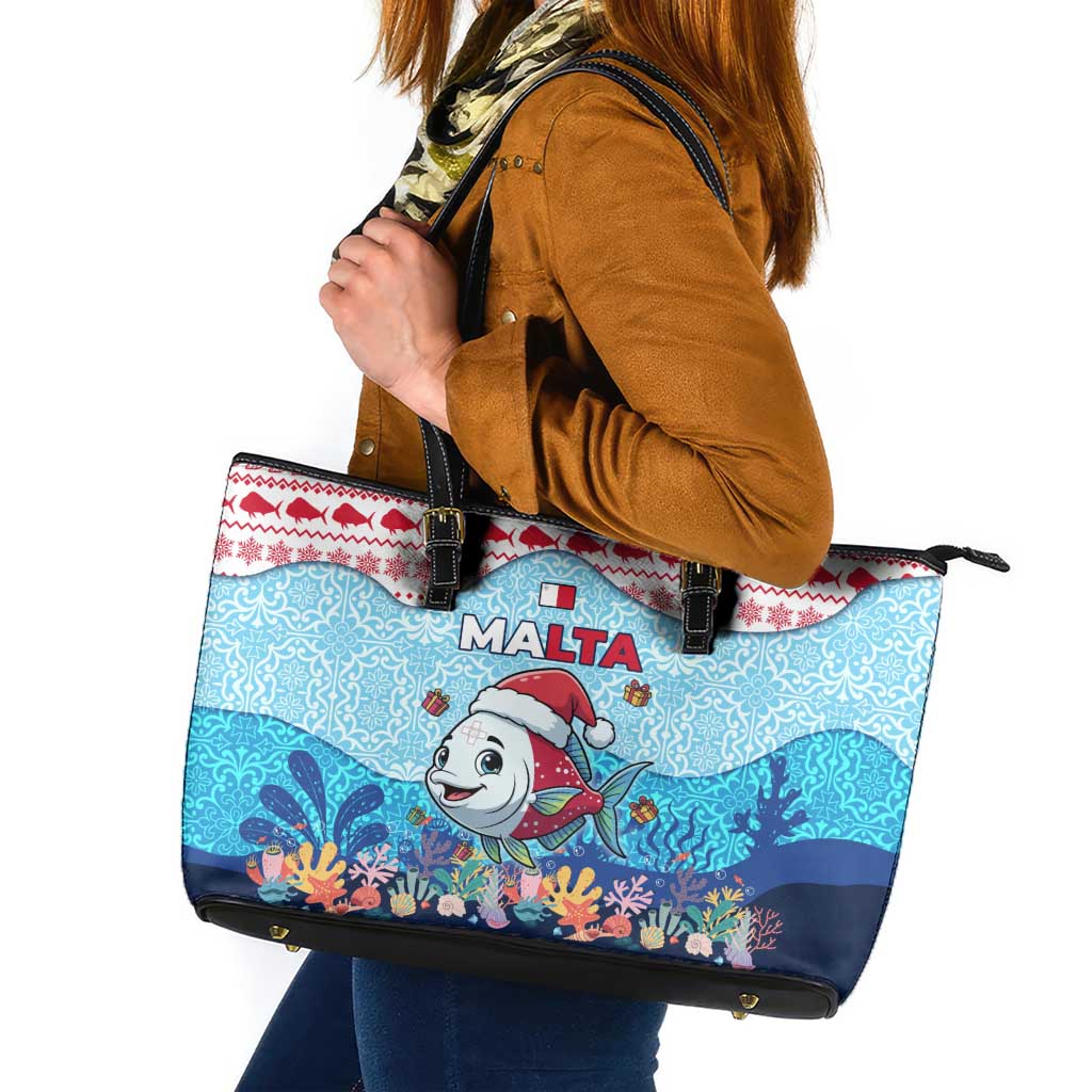 Malta Christmas Leather Tote Bag with Santa Fish Malta Flag Coral Reef and Red Blue Festive Pattern Design - Wonder Print Shop