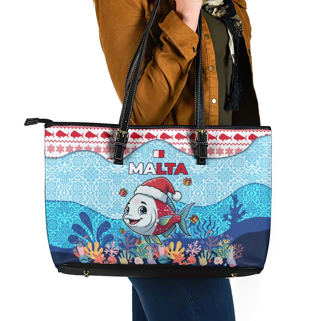 Malta Christmas Leather Tote Bag with Santa Fish Malta Flag Coral Reef and Red Blue Festive Pattern Design - Wonder Print Shop