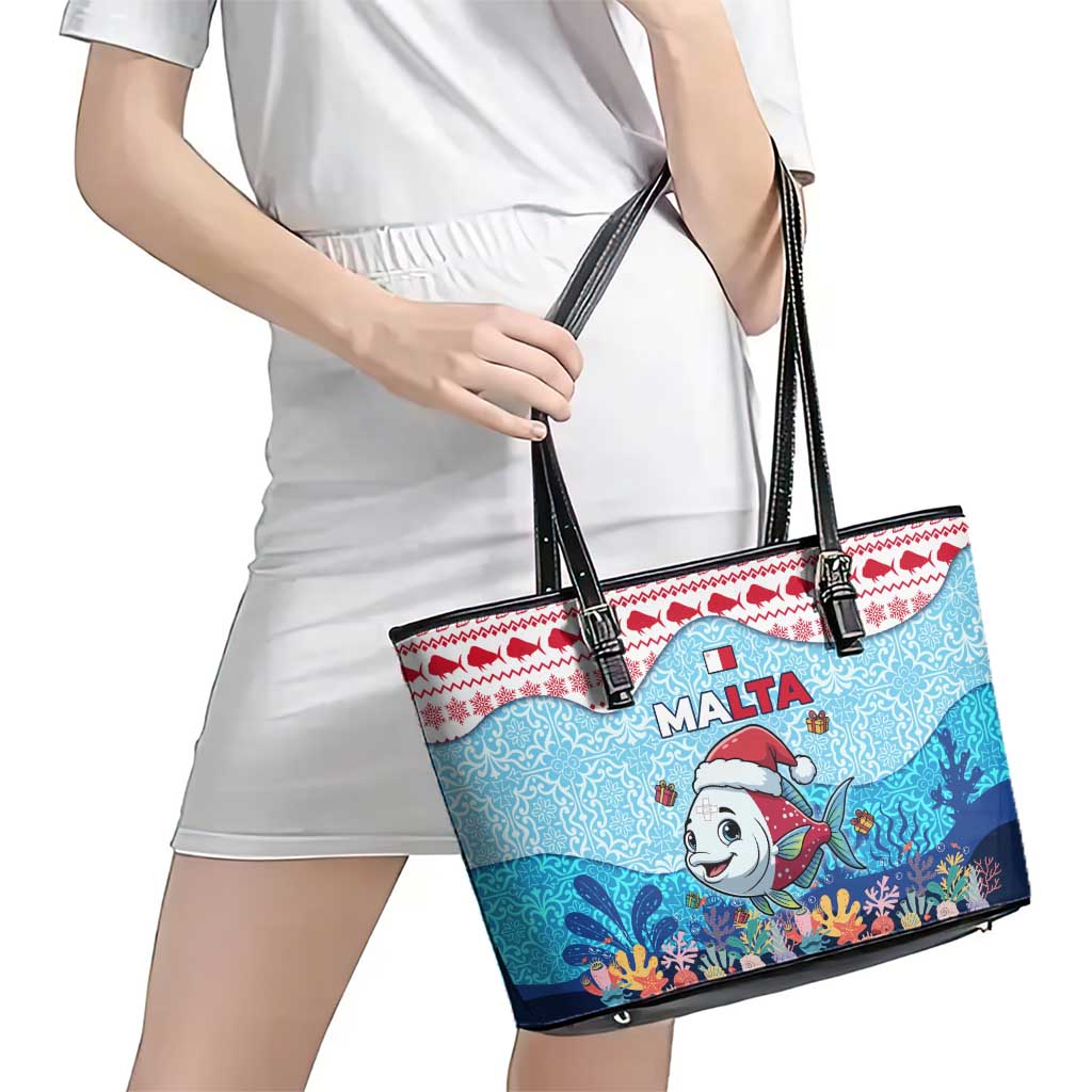 Malta Christmas Leather Tote Bag with Santa Fish Malta Flag Coral Reef and Red Blue Festive Pattern Design - Wonder Print Shop