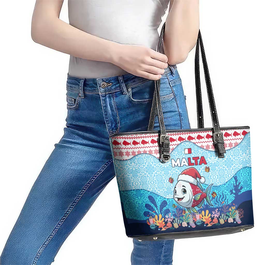 Malta Christmas Leather Tote Bag with Santa Fish Malta Flag Coral Reef and Red Blue Festive Pattern Design - Wonder Print Shop