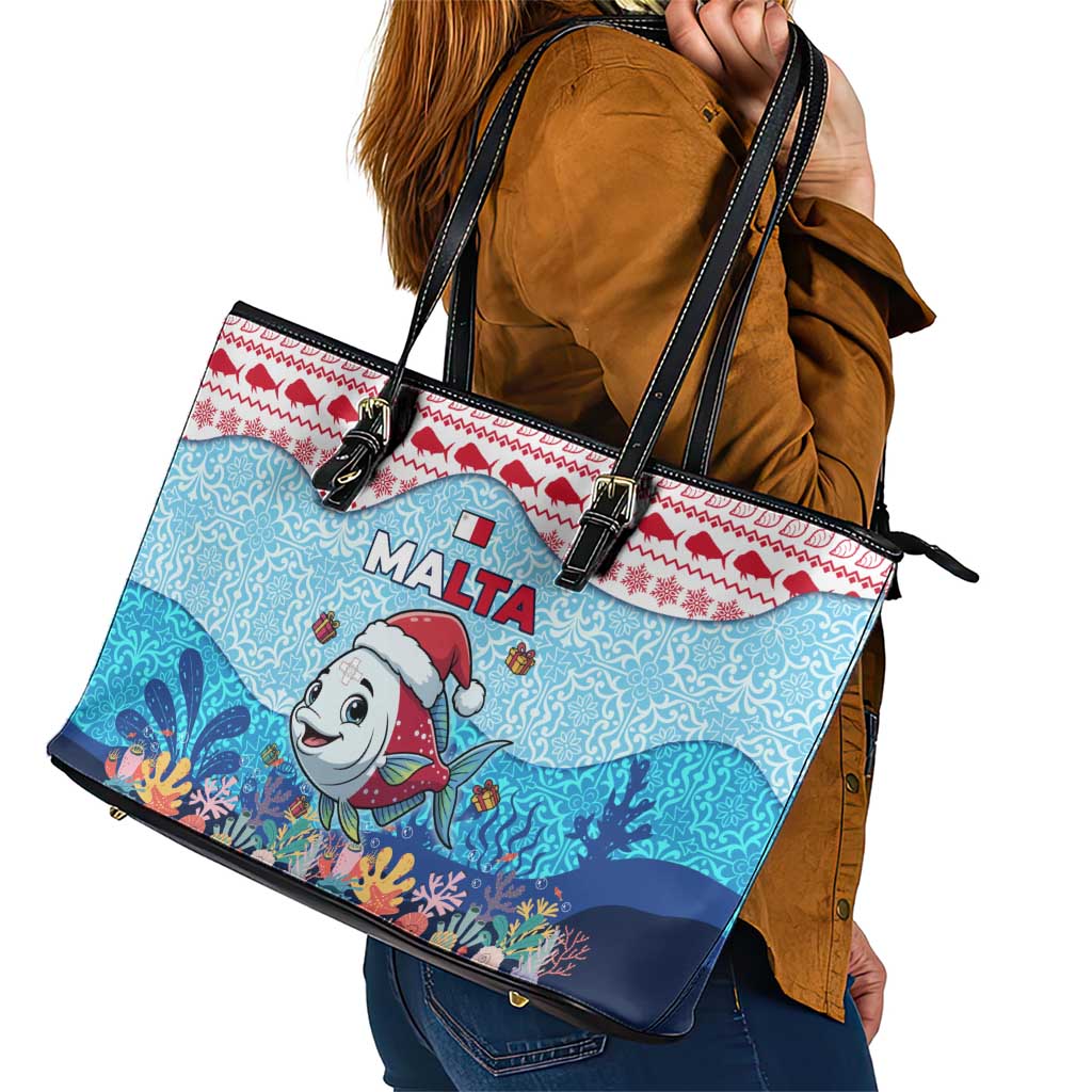 Malta Christmas Leather Tote Bag with Santa Fish Malta Flag Coral Reef and Red Blue Festive Pattern Design - Wonder Print Shop