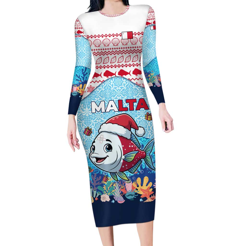 Malta Christmas Long Sleeve Bodycon Dress with Santa Fish Malta Flag Coral Reef and Red Blue Festive Pattern Design - Wonder Print Shop