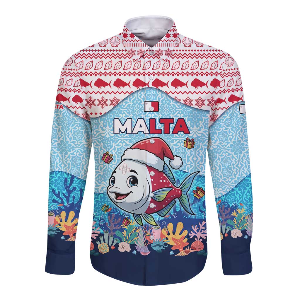 Malta Christmas Long Sleeve Button Shirt with Santa Fish Malta Flag Coral Reef and Red Blue Festive Pattern Design - Wonder Print Shop