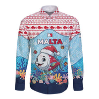 Malta Christmas Long Sleeve Button Shirt with Santa Fish Malta Flag Coral Reef and Red Blue Festive Pattern Design - Wonder Print Shop
