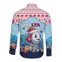 Malta Christmas Long Sleeve Button Shirt with Santa Fish Malta Flag Coral Reef and Red Blue Festive Pattern Design - Wonder Print Shop