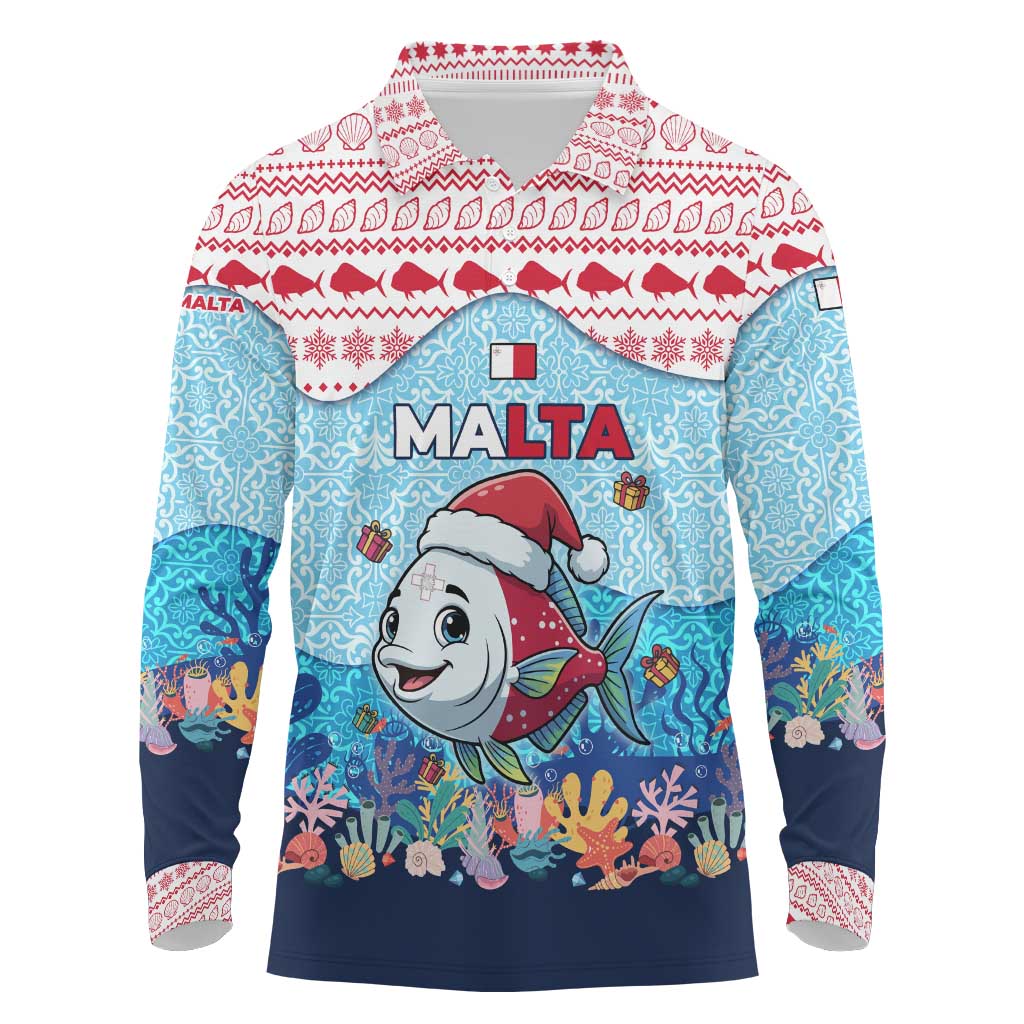Malta Christmas Long Sleeve Polo Shirt with Santa Fish Malta Flag Coral Reef and Red Blue Festive Pattern Design - Wonder Print Shop