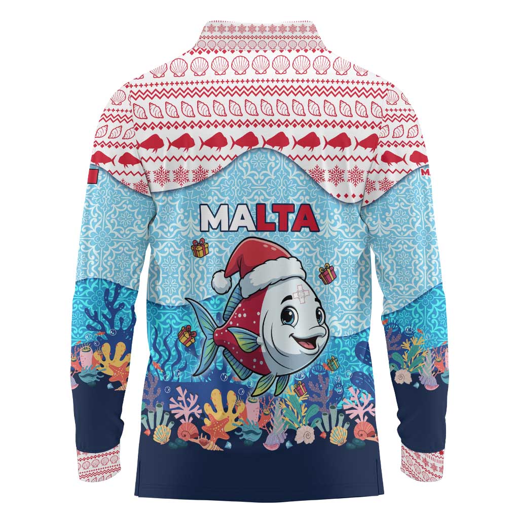 Malta Christmas Long Sleeve Polo Shirt with Santa Fish Malta Flag Coral Reef and Red Blue Festive Pattern Design - Wonder Print Shop