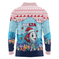 Malta Christmas Long Sleeve Polo Shirt with Santa Fish Malta Flag Coral Reef and Red Blue Festive Pattern Design - Wonder Print Shop
