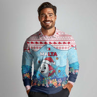 Malta Christmas Long Sleeve Polo Shirt with Santa Fish Malta Flag Coral Reef and Red Blue Festive Pattern Design - Wonder Print Shop