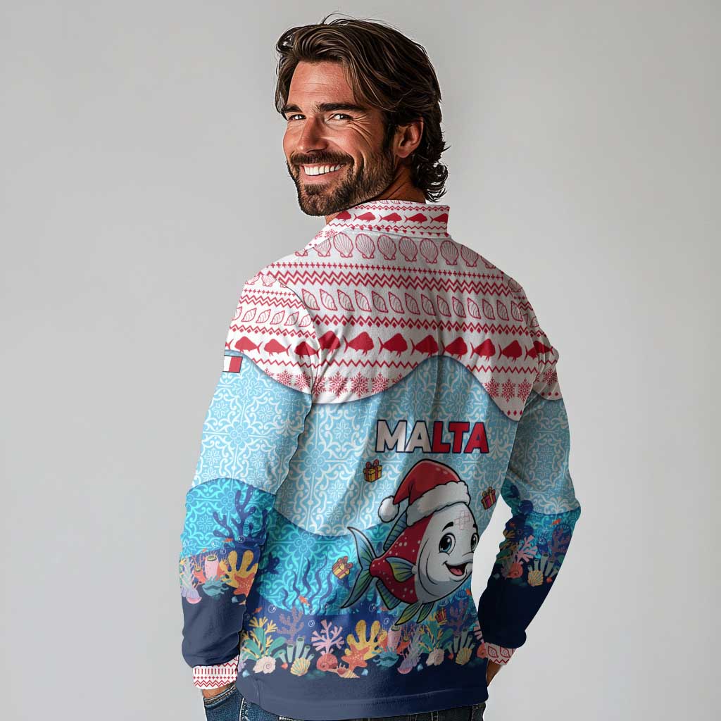Malta Christmas Long Sleeve Polo Shirt with Santa Fish Malta Flag Coral Reef and Red Blue Festive Pattern Design - Wonder Print Shop