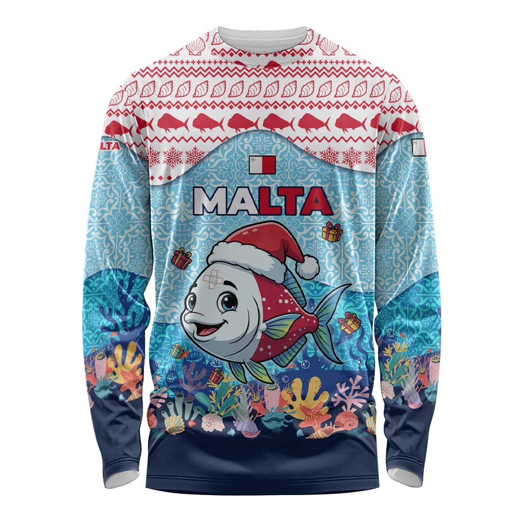 Malta Christmas Long Sleeve Shirt with Santa Fish Malta Flag Coral Reef and Red Blue Festive Pattern Design - Wonder Print Shop