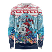 Malta Christmas Long Sleeve Shirt with Santa Fish Malta Flag Coral Reef and Red Blue Festive Pattern Design - Wonder Print Shop