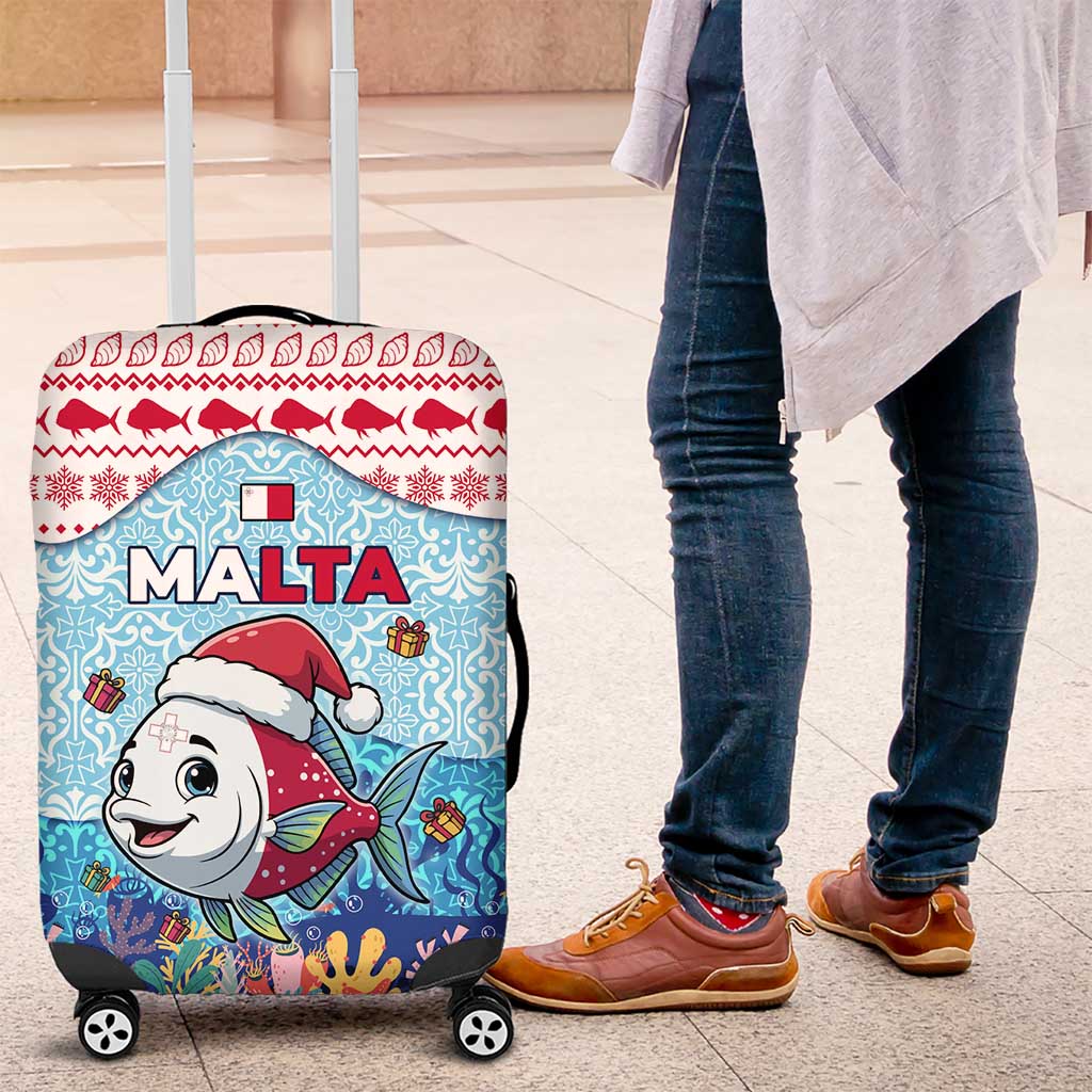 Malta Christmas Luggage Cover with Santa Fish Malta Flag Coral Reef and Red Blue Festive Pattern Design - Wonder Print Shop