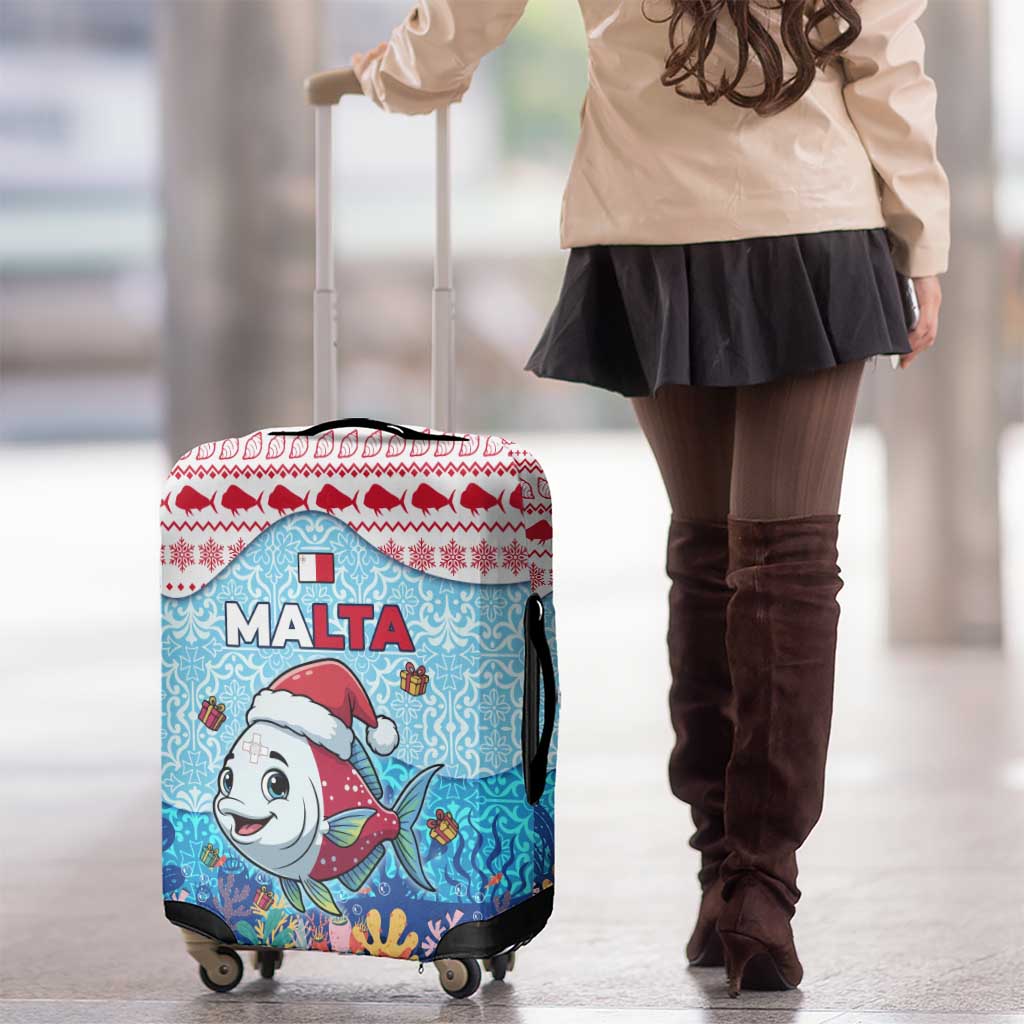 Malta Christmas Luggage Cover with Santa Fish Malta Flag Coral Reef and Red Blue Festive Pattern Design - Wonder Print Shop