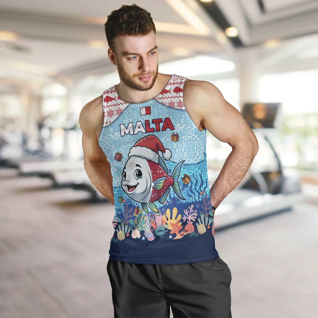 Malta Christmas Men Tank Top with Santa Fish Malta Flag Coral Reef and Red Blue Festive Pattern Design - Wonder Print Shop