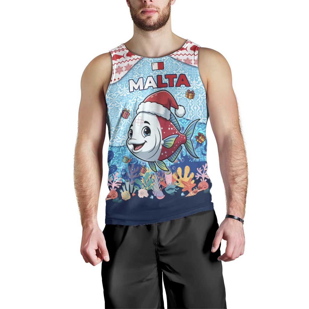 Malta Christmas Men Tank Top with Santa Fish Malta Flag Coral Reef and Red Blue Festive Pattern Design - Wonder Print Shop
