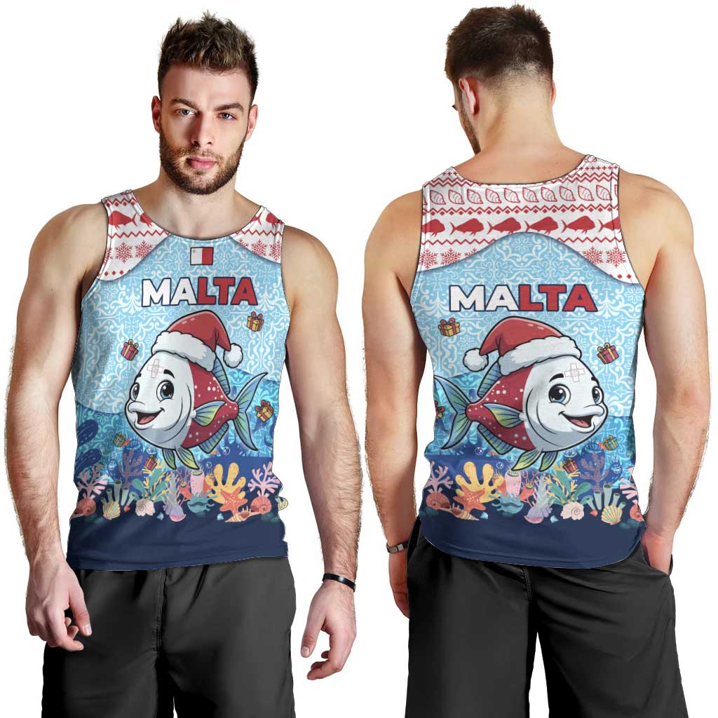 Malta Christmas Men Tank Top with Santa Fish Malta Flag Coral Reef and Red Blue Festive Pattern Design - Wonder Print Shop