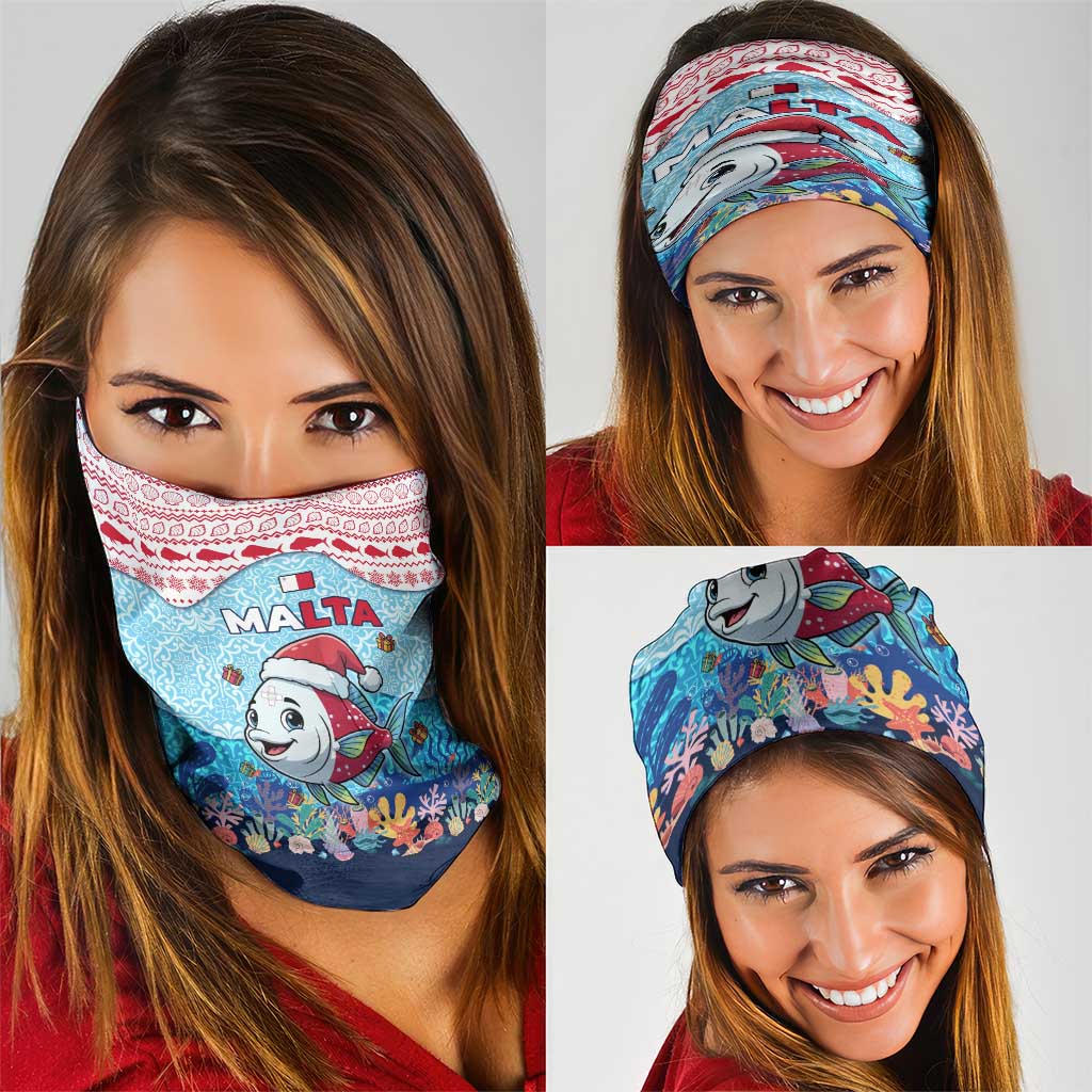 Malta Christmas Neck Gaiter with Santa Fish Malta Flag Coral Reef and Red Blue Festive Pattern Design - Wonder Print Shop