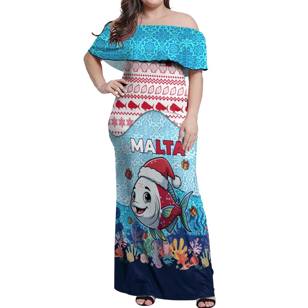 Malta Christmas Off Shoulder Maxi Dress with Santa Fish Malta Flag Coral Reef and Red Blue Festive Pattern Design - Wonder Print Shop