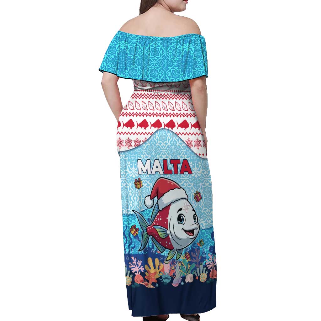 Malta Christmas Off Shoulder Maxi Dress with Santa Fish Malta Flag Coral Reef and Red Blue Festive Pattern Design - Wonder Print Shop