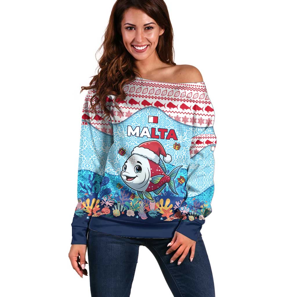 Malta Christmas Off Shoulder Sweater with Santa Fish Malta Flag Coral Reef and Red Blue Festive Pattern Design - Wonder Print Shop