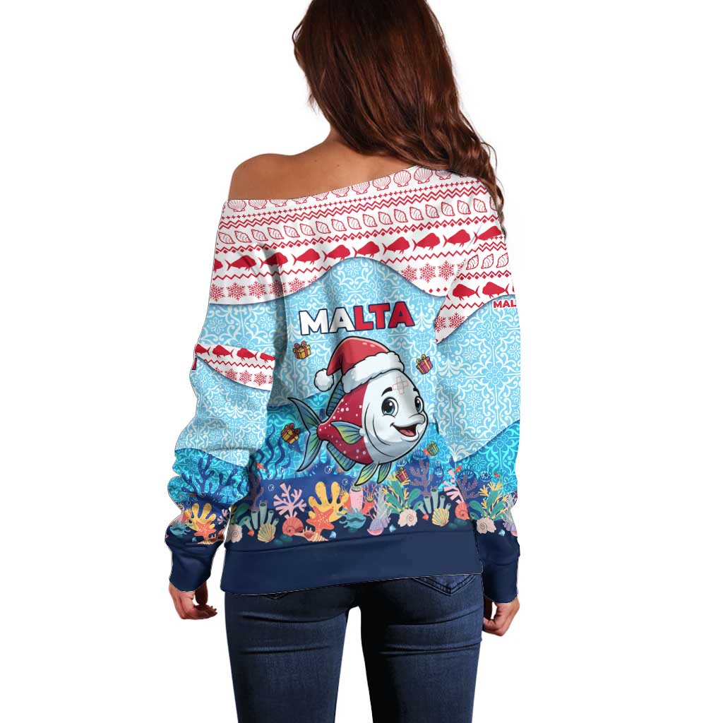 Malta Christmas Off Shoulder Sweater with Santa Fish Malta Flag Coral Reef and Red Blue Festive Pattern Design - Wonder Print Shop