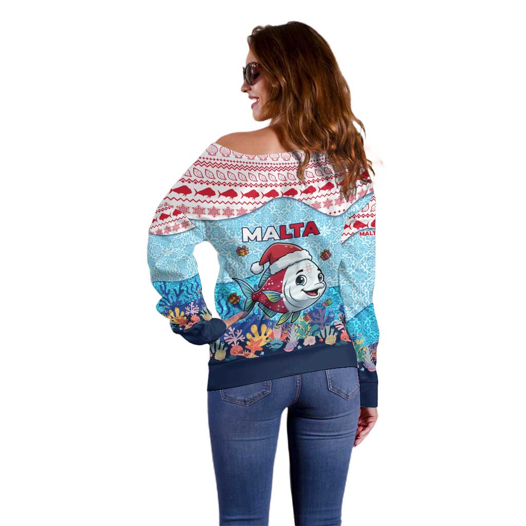 Malta Christmas Off Shoulder Sweater with Santa Fish Malta Flag Coral Reef and Red Blue Festive Pattern Design - Wonder Print Shop