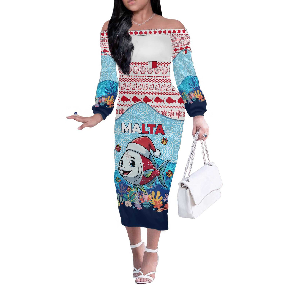 Malta Christmas Off The Shoulder Long Sleeve Dress with Santa Fish Malta Flag Coral Reef and Red Blue Festive Pattern Design - Wonder Print Shop