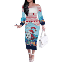 Malta Christmas Off The Shoulder Long Sleeve Dress with Santa Fish Malta Flag Coral Reef and Red Blue Festive Pattern Design - Wonder Print Shop