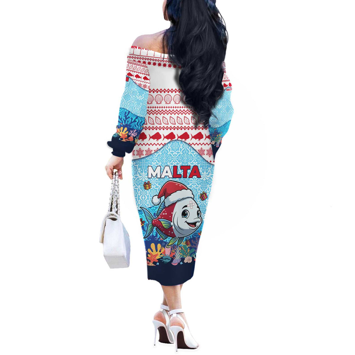 Malta Christmas Off The Shoulder Long Sleeve Dress with Santa Fish Malta Flag Coral Reef and Red Blue Festive Pattern Design - Wonder Print Shop