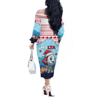 Malta Christmas Off The Shoulder Long Sleeve Dress with Santa Fish Malta Flag Coral Reef and Red Blue Festive Pattern Design - Wonder Print Shop