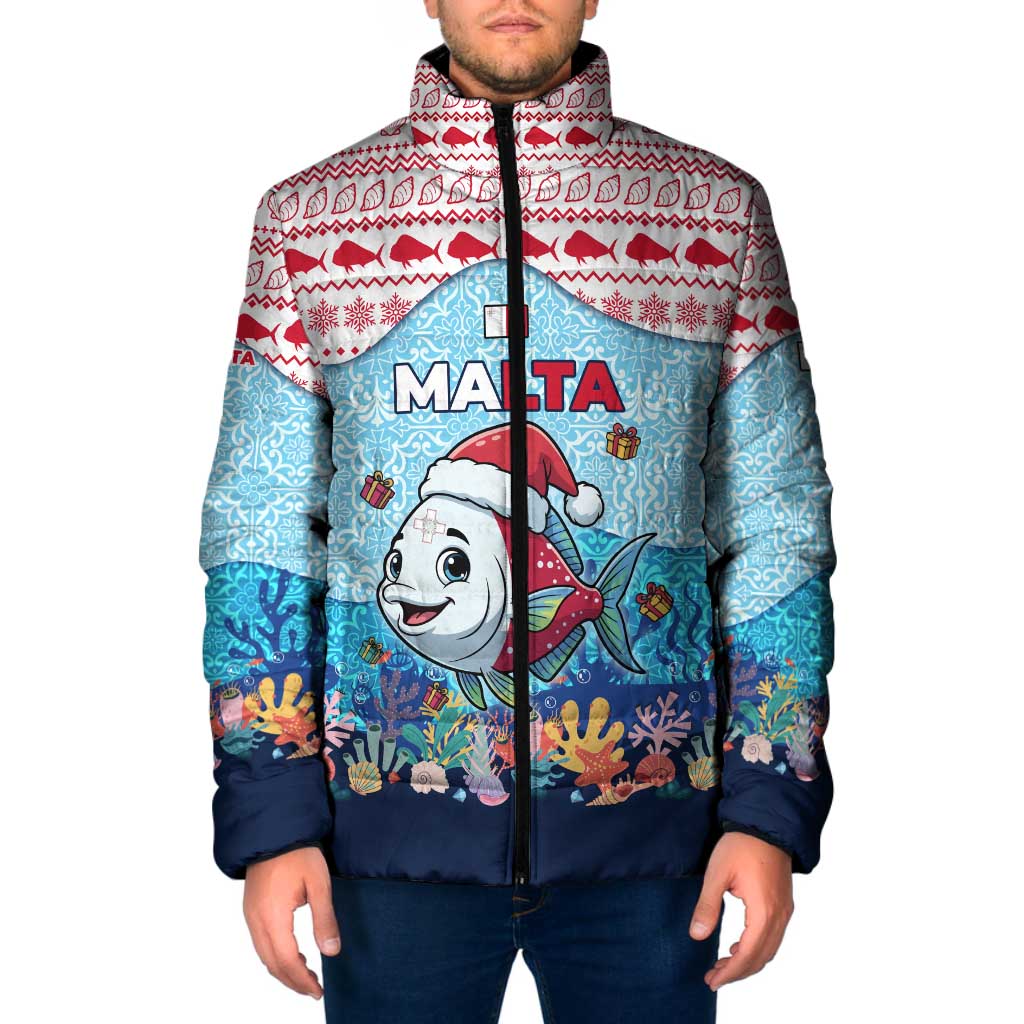 Malta Christmas Padded Jacket with Santa Fish Malta Flag Coral Reef and Red Blue Festive Pattern Design - Wonder Print Shop
