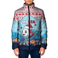 Malta Christmas Padded Jacket with Santa Fish Malta Flag Coral Reef and Red Blue Festive Pattern Design - Wonder Print Shop