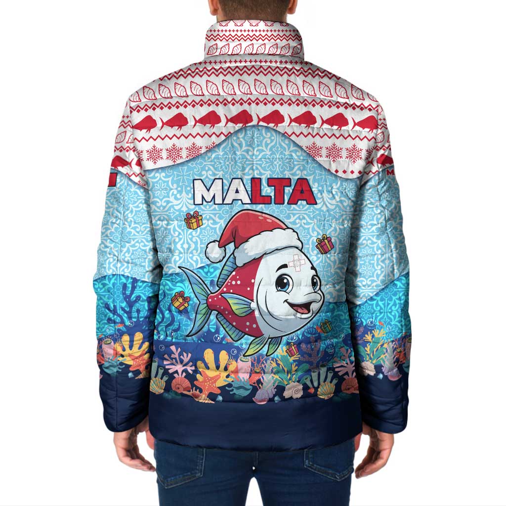 Malta Christmas Padded Jacket with Santa Fish Malta Flag Coral Reef and Red Blue Festive Pattern Design - Wonder Print Shop