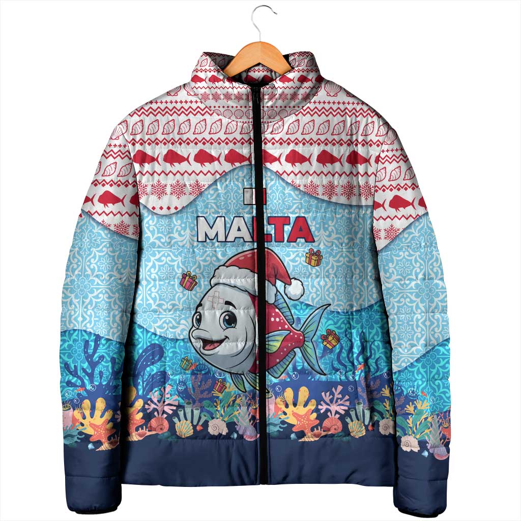 Malta Christmas Padded Jacket with Santa Fish Malta Flag Coral Reef and Red Blue Festive Pattern Design - Wonder Print Shop