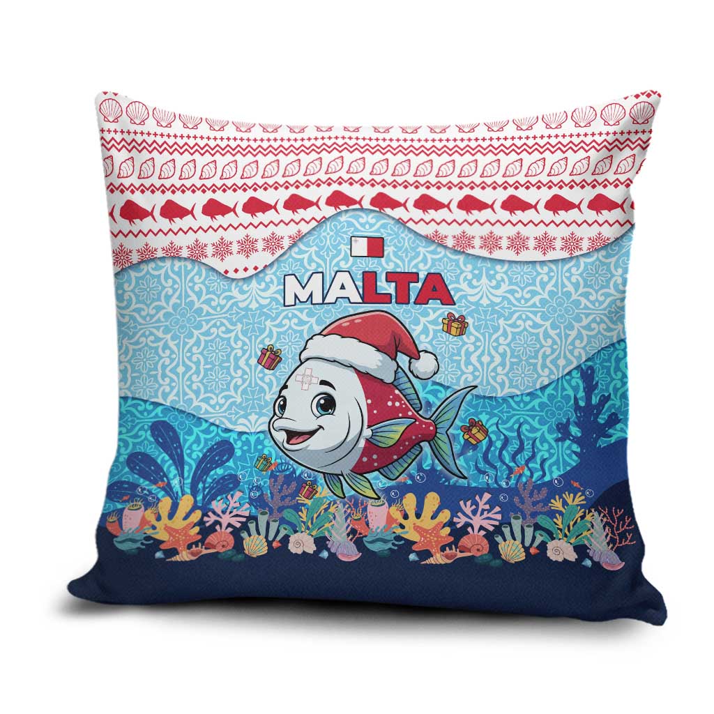 Malta Christmas Pillow Cover with Santa Fish Malta Flag Coral Reef and Red Blue Festive Pattern Design - Wonder Print Shop