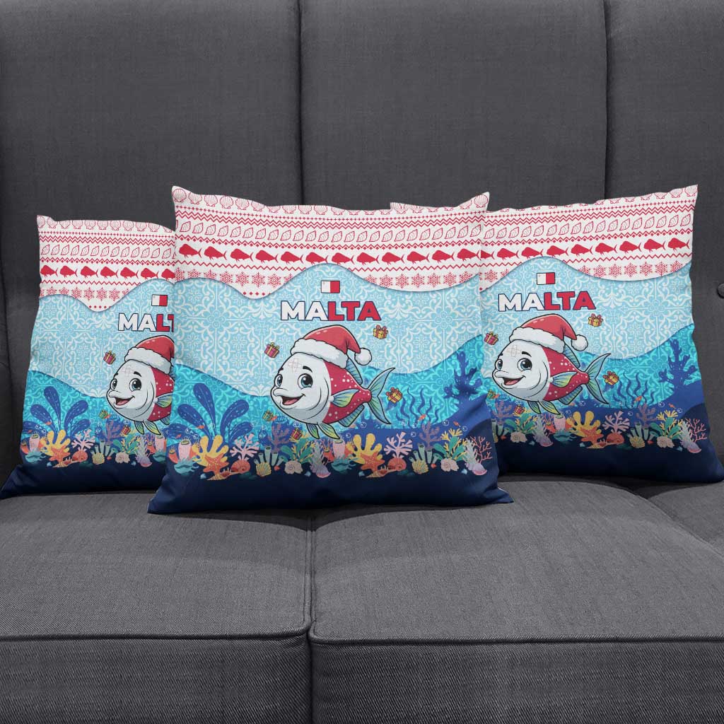 Malta Christmas Pillow Cover with Santa Fish Malta Flag Coral Reef and Red Blue Festive Pattern Design - Wonder Print Shop