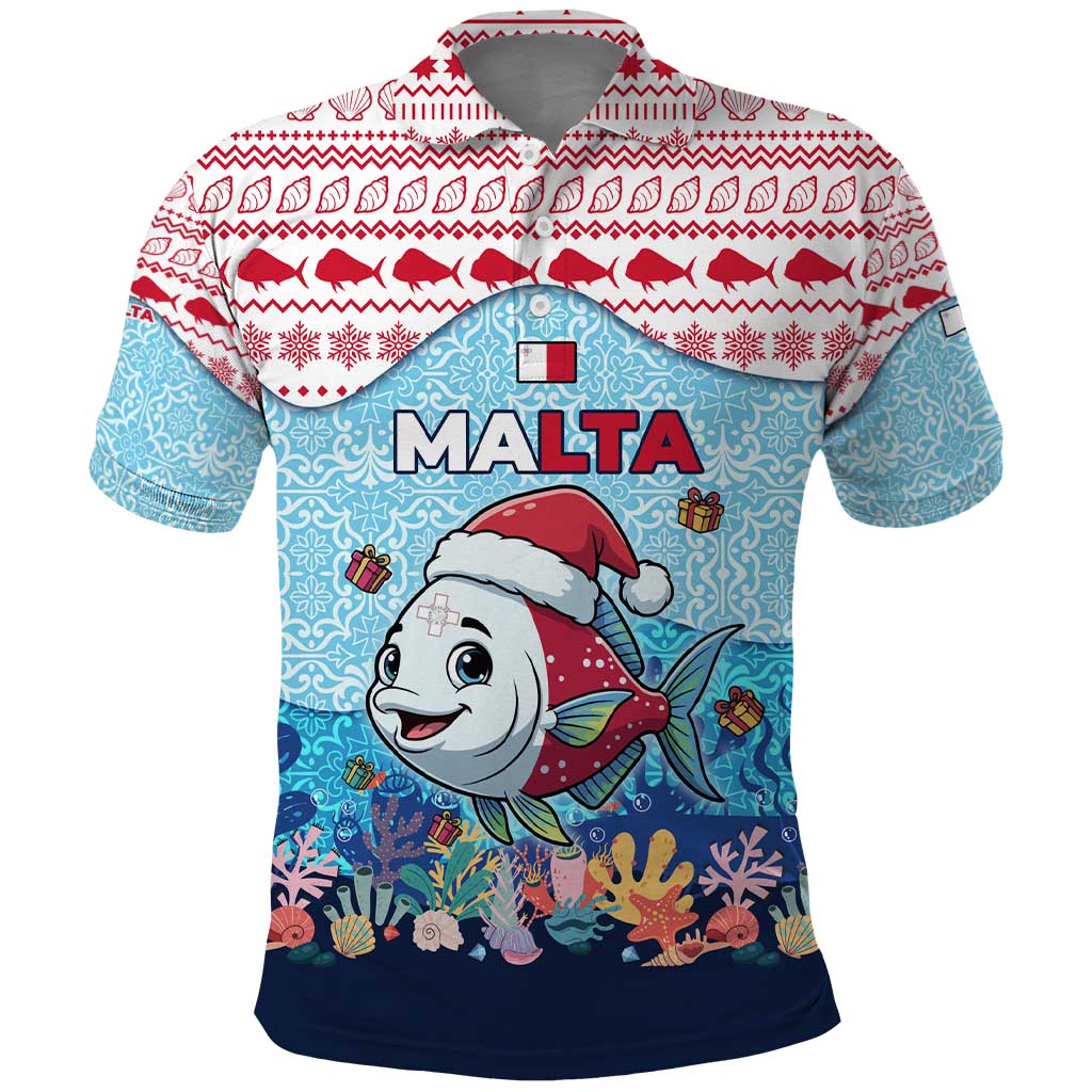 Malta Christmas Polo Shirt with Santa Fish Malta Flag Coral Reef and Red Blue Festive Pattern Design - Wonder Print Shop