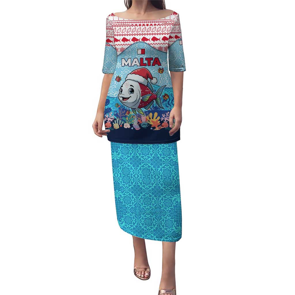 Malta Christmas Puletasi with Santa Fish Malta Flag Coral Reef and Red Blue Festive Pattern Design - Wonder Print Shop