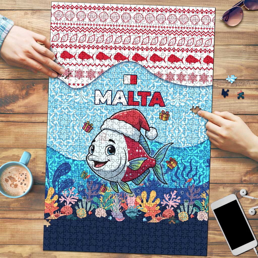 Malta Christmas Puzzle with Santa Fish Malta Flag Coral Reef and Red Blue Festive Pattern Design - Wonder Print Shop