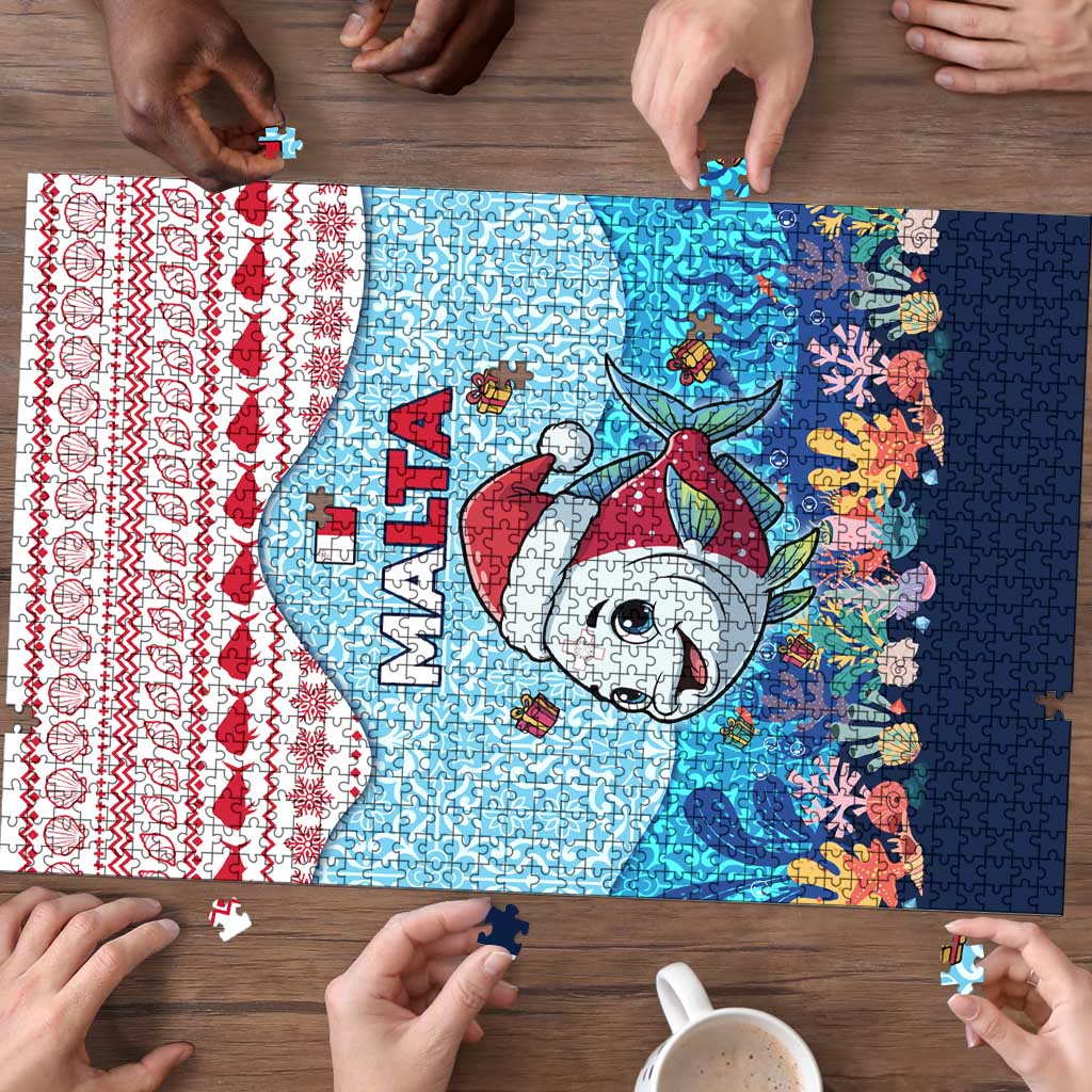 Malta Christmas Puzzle with Santa Fish Malta Flag Coral Reef and Red Blue Festive Pattern Design - Wonder Print Shop