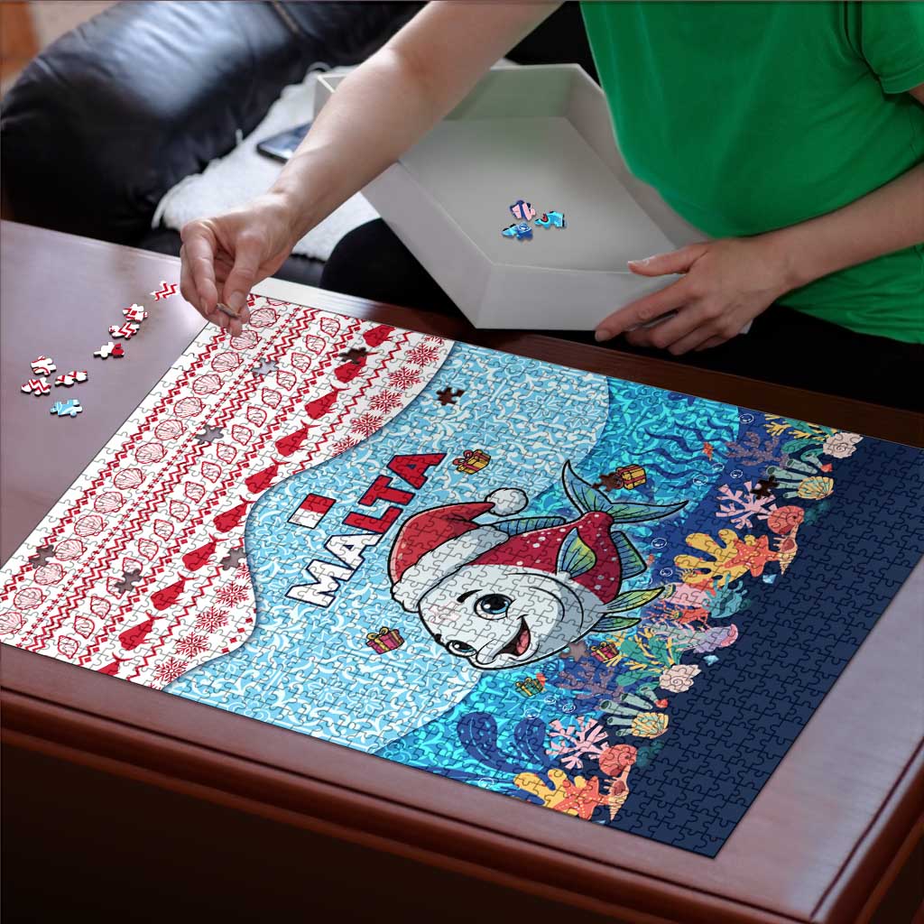 Malta Christmas Puzzle with Santa Fish Malta Flag Coral Reef and Red Blue Festive Pattern Design - Wonder Print Shop