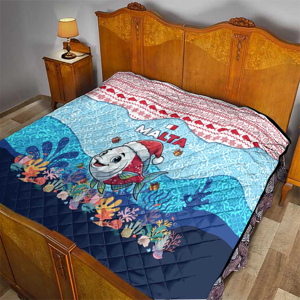 Malta Christmas Quilt with Santa Fish Malta Flag Coral Reef and Red Blue Festive Pattern Design - Wonder Print Shop