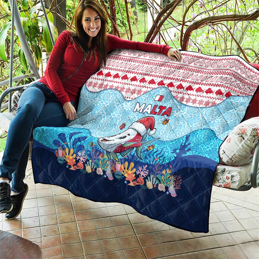 Malta Christmas Quilt with Santa Fish Malta Flag Coral Reef and Red Blue Festive Pattern Design - Wonder Print Shop