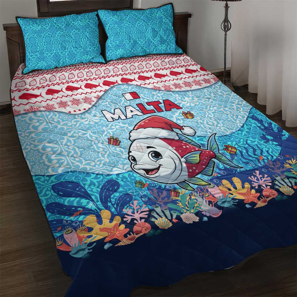 Malta Christmas Quilt Bed Set with Santa Fish Malta Flag Coral Reef and Red Blue Festive Pattern Design - Wonder Print Shop