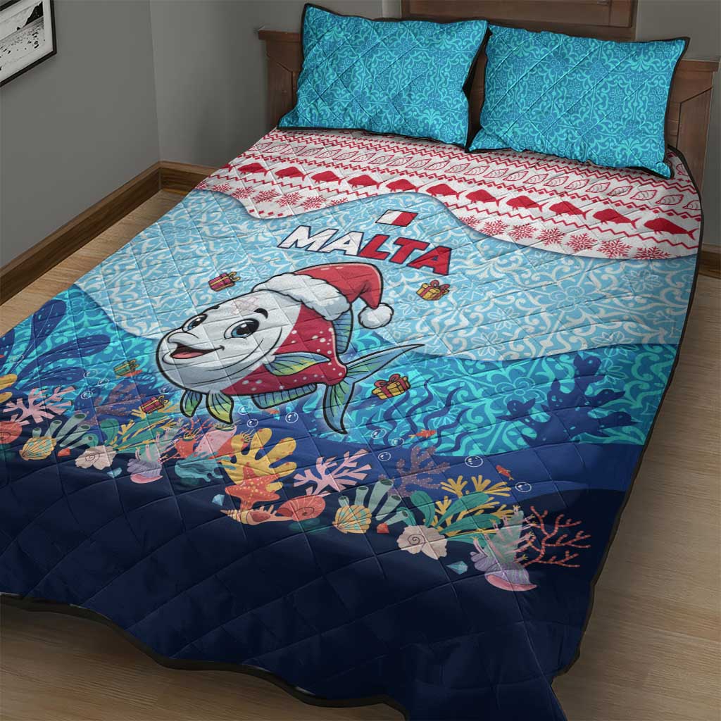 Malta Christmas Quilt Bed Set with Santa Fish Malta Flag Coral Reef and Red Blue Festive Pattern Design - Wonder Print Shop