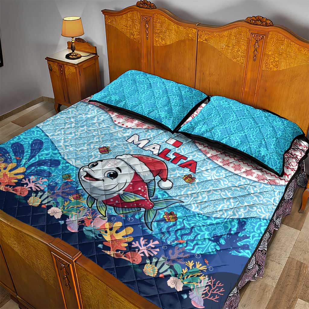Malta Christmas Quilt Bed Set with Santa Fish Malta Flag Coral Reef and Red Blue Festive Pattern Design - Wonder Print Shop